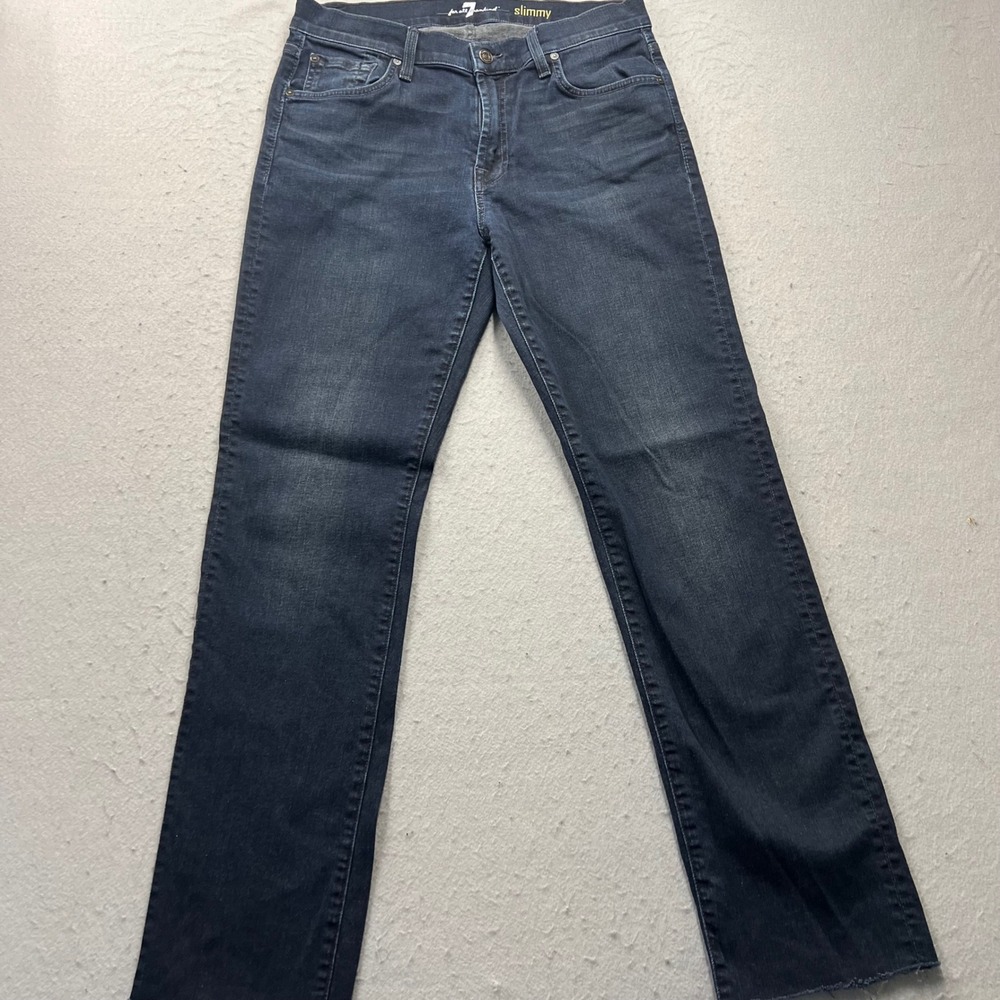 7 For All Mankind Slimmy Jean Mens 32 Dark Wash Slim Straight Raw Hem Blue Denim